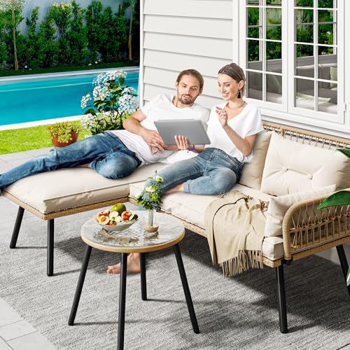 Beige Wicker Patio Furniture Set with Cushions and Side Table G99101