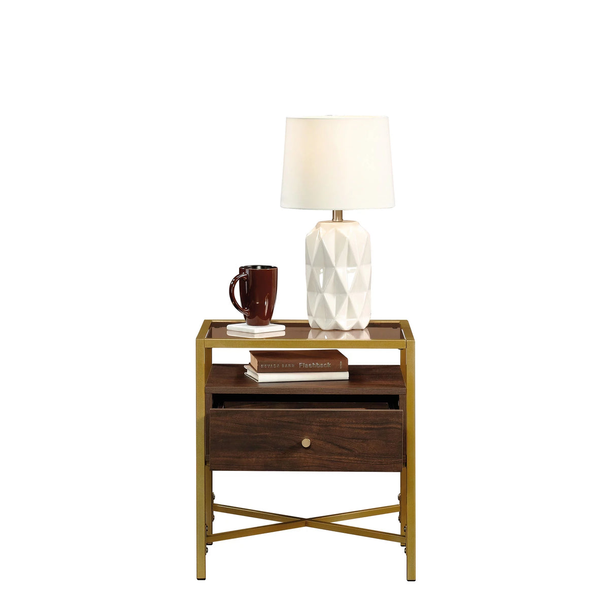 1 Drawer Glass Top Gold Metal Rectangular End Table Z91379