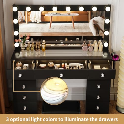 White Vanity Desk with Lighted Mirror and Stool Y442239