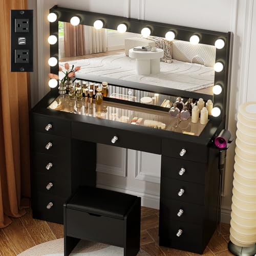 White Vanity Desk with Lighted Mirror and Stool Y442239