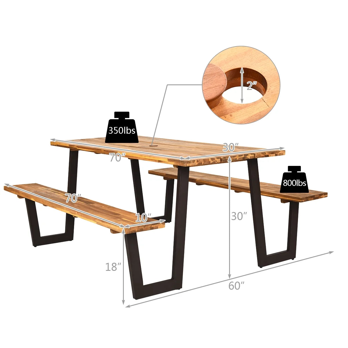 Patented Picnic Table with 2 Benches 70'' Dining Table Set with Seats and Umbrella Hole Q1715