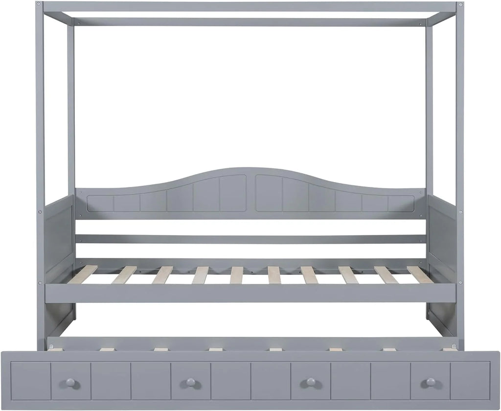 Twin Size Four-Poster Wood Canopy Bed with Trundle L365