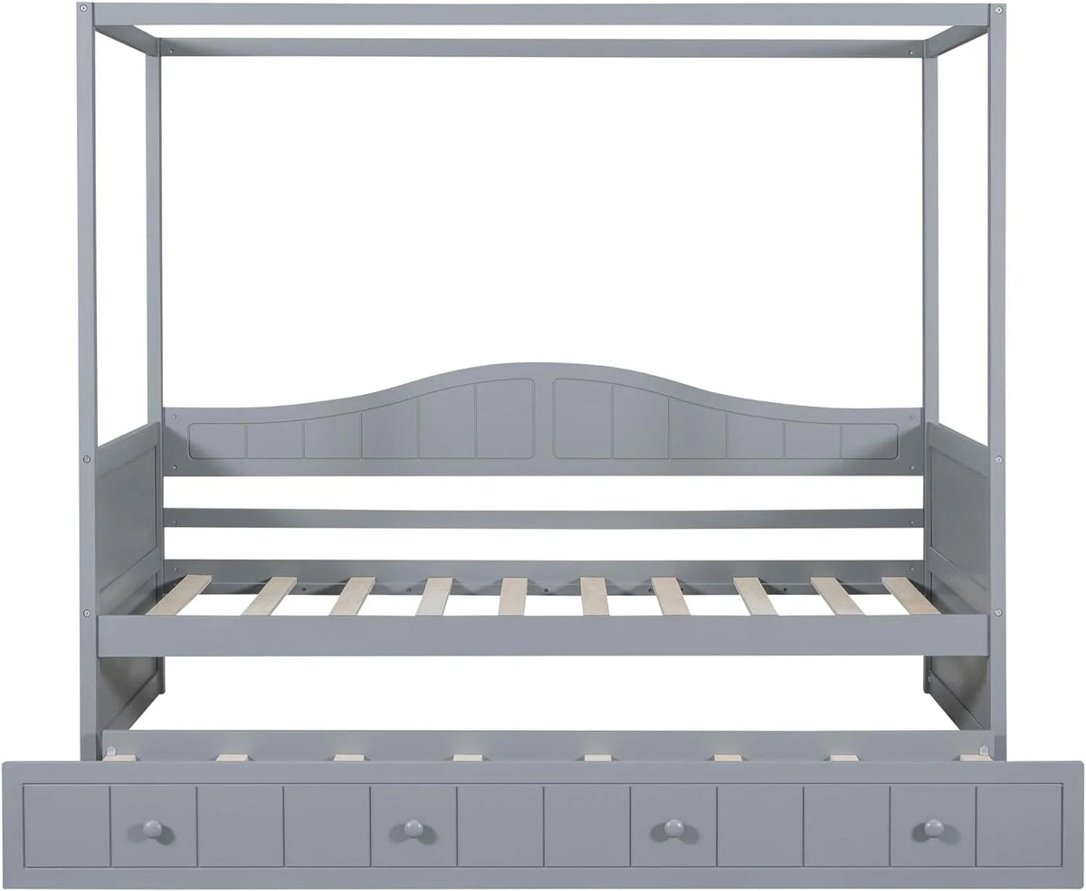 Twin Size Four-Poster Wood Canopy Bed with Trundle L365
