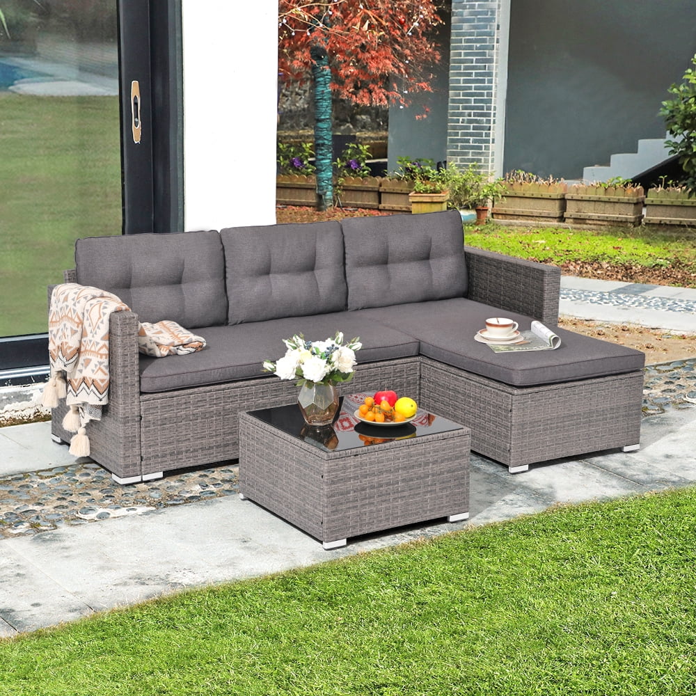 3 Pieces PE Wicker Rattan Patio Conversation Set with Cushions and Tempered Glass Coffee Table O616