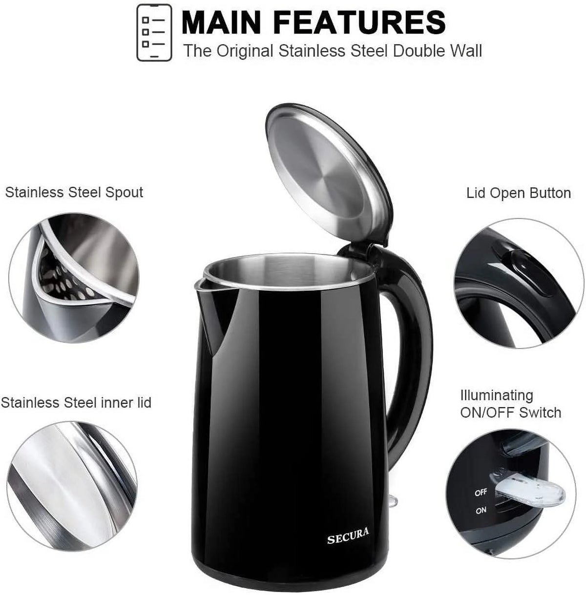 Stainless Steel Double Wall Electric Water Kettle 1.8 Quart P8122