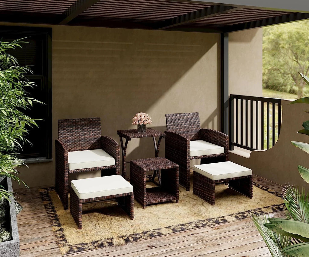 Brown Wicker 6 Piece Patio Furniture Set with Ottoman and Beige Cushion K308