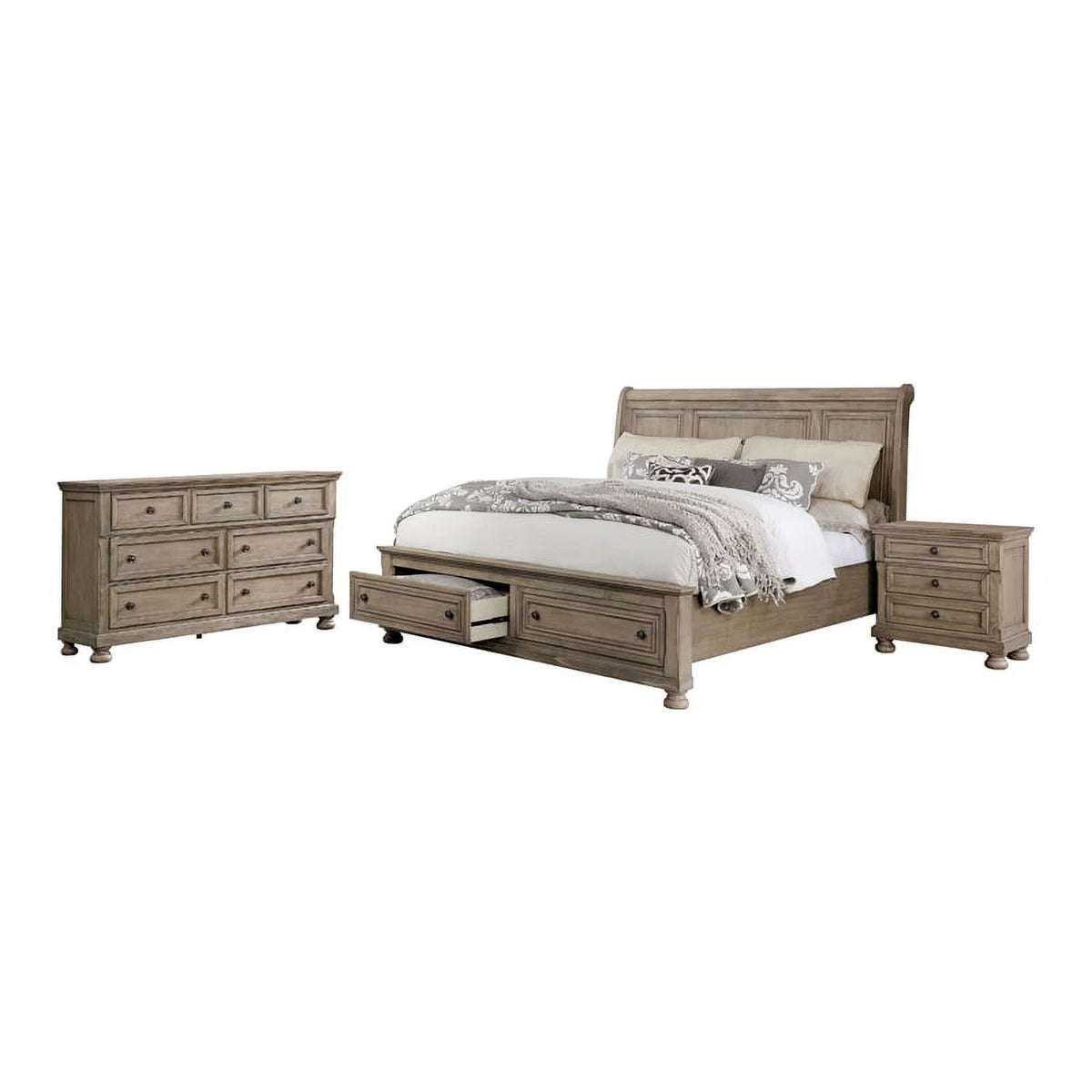 3-Piece Gray Wood Bedroom Set King Nightstand Dresser D58619