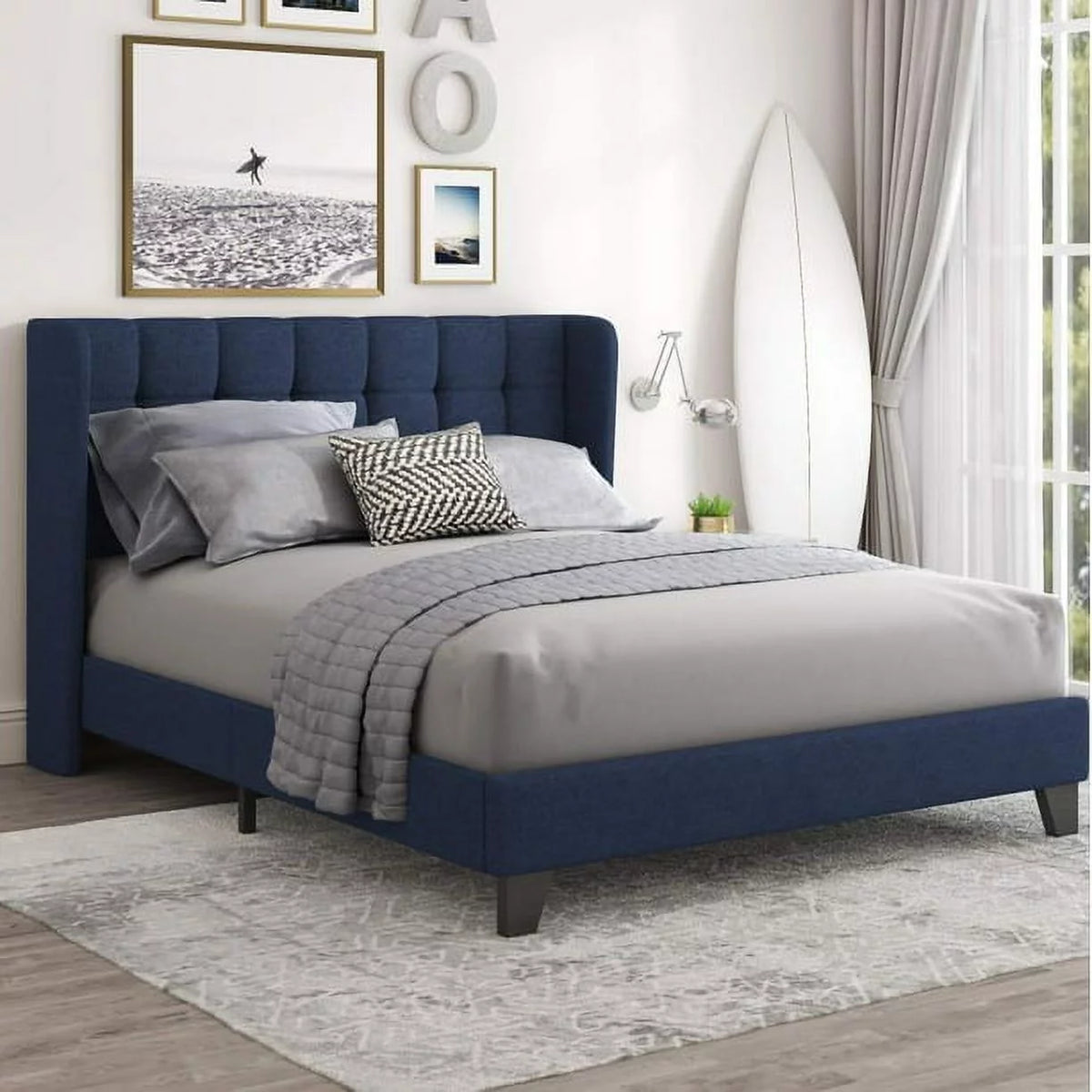 Queen Platform Bed Frame with Upholstered Wingback Linen Fabric Headboard N23784