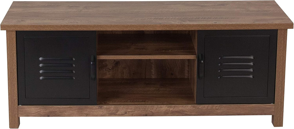Oak Wood Grain Storage Bench with Metal Cabinet Doors Y769139