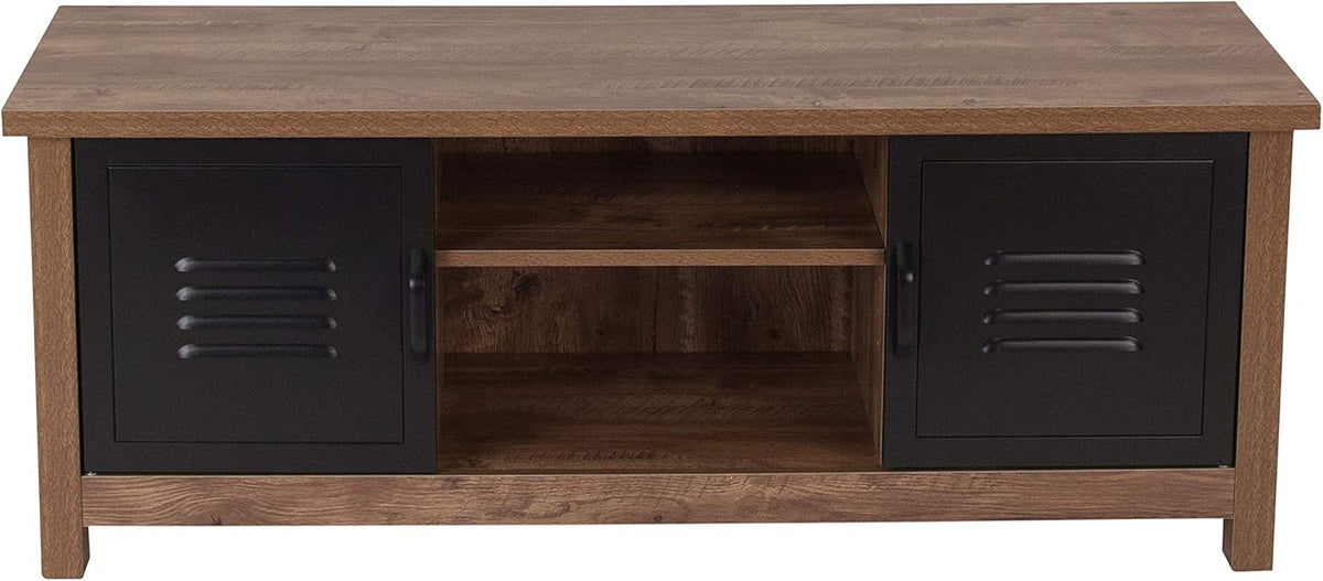 Oak Wood Grain Storage Bench with Metal Cabinet Doors Y769139