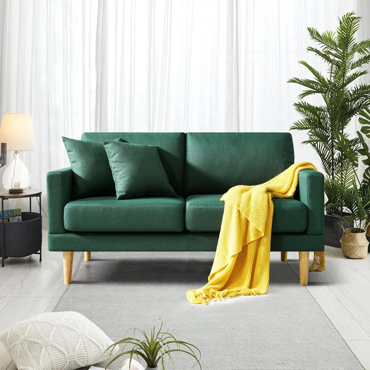 Dark Green Loveseat Sofa with Throw Pillow V809