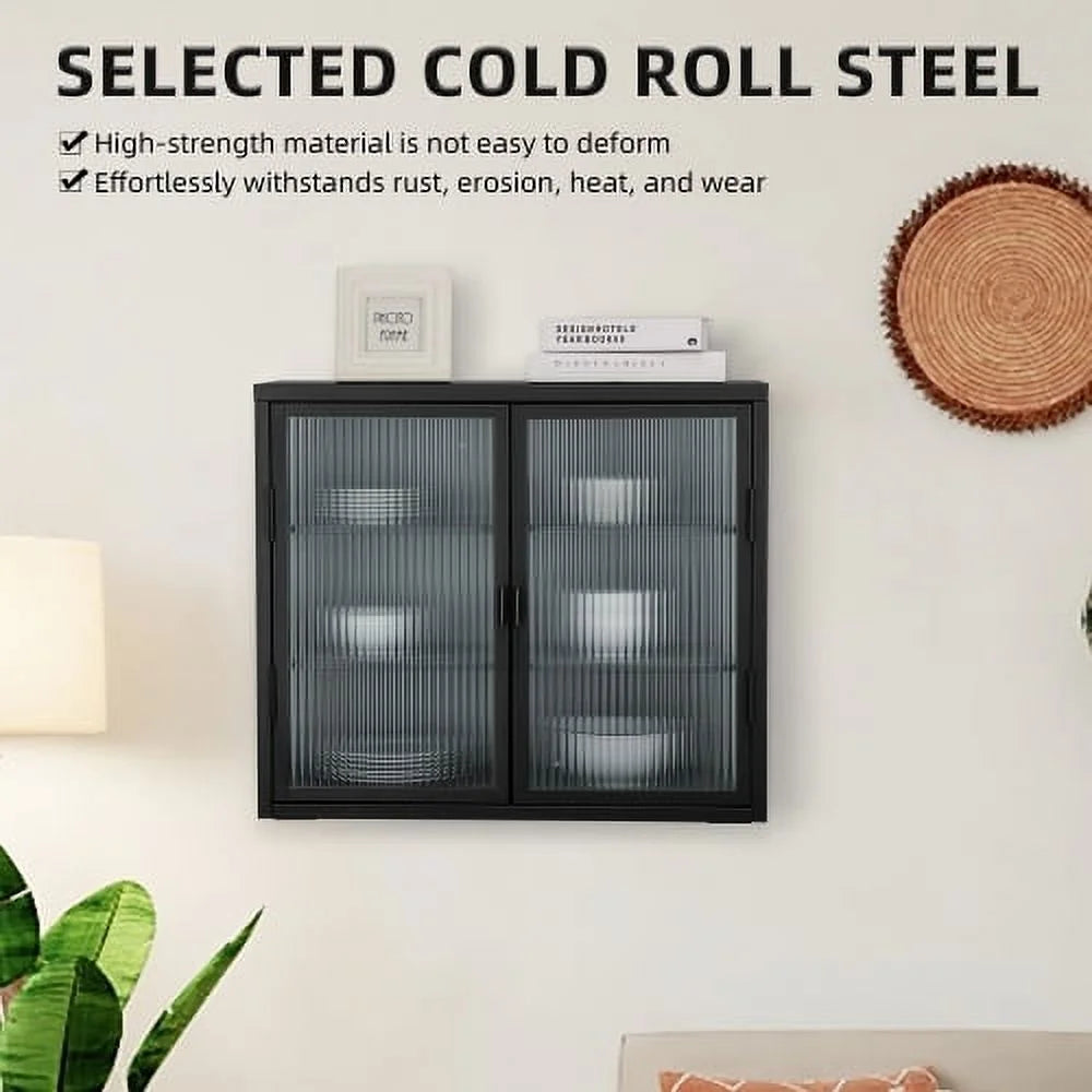 Double Glass Door Wall Cabinet with Detachable Shelves Black O52965
