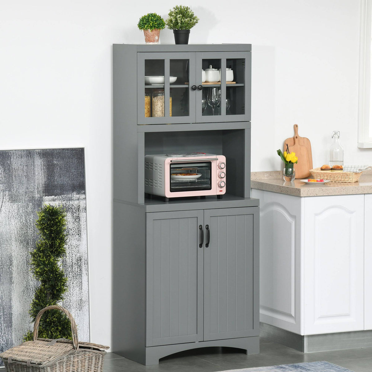 Grey Wooden Buffet and Hutch with Glass Framed Door T7612