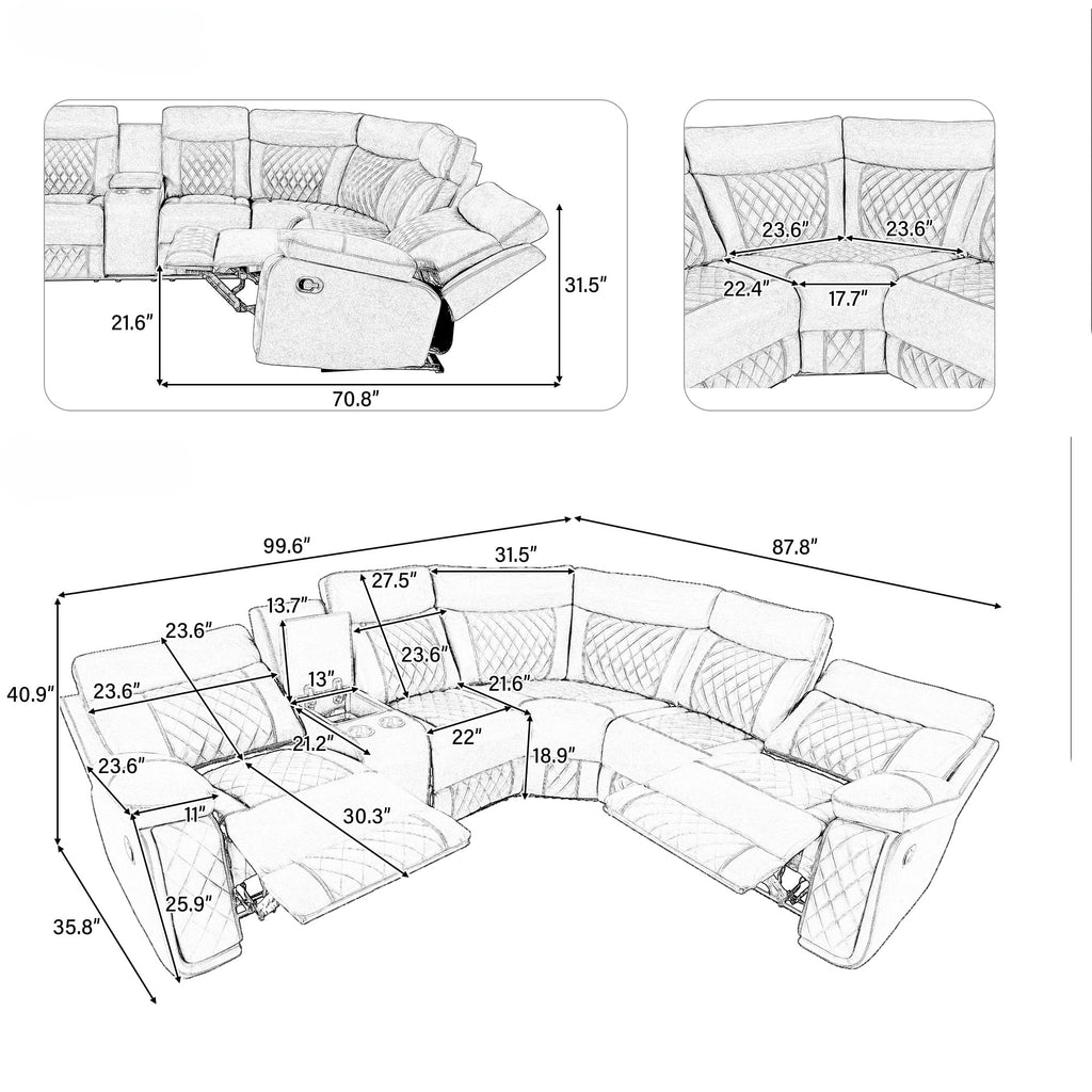 Modern Sectional Sofa Manual Recliner with Cup Holder and Hide-Away Storage PU Leather M975