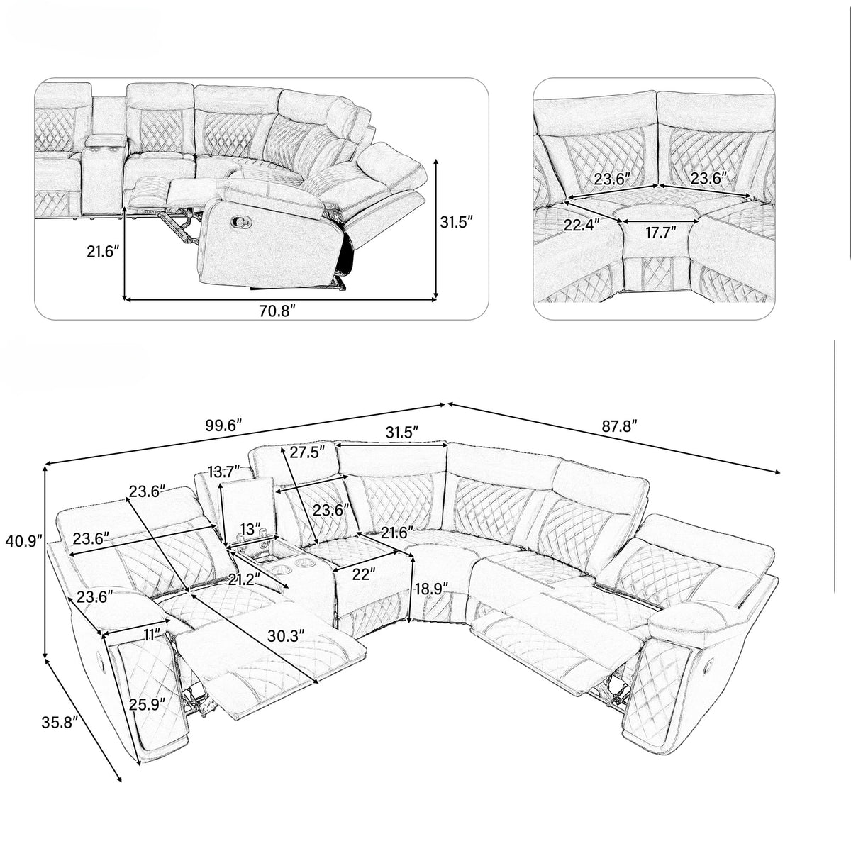 Modern Sectional Sofa Manual Recliner with Cup Holder and Hide-Away Storage PU Leather M975