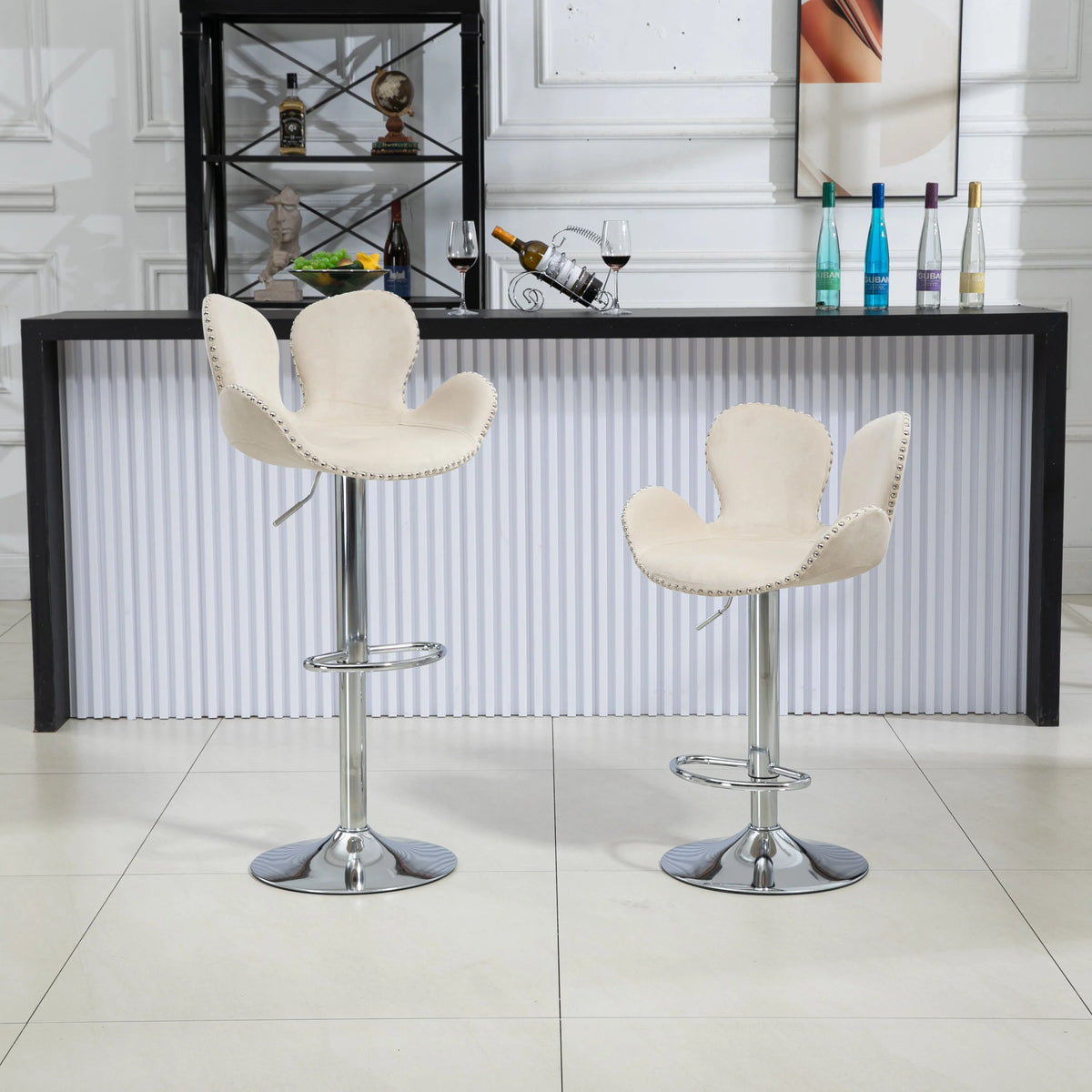 Beige Set of 2 Bar Stools with Back and Footrest N5075