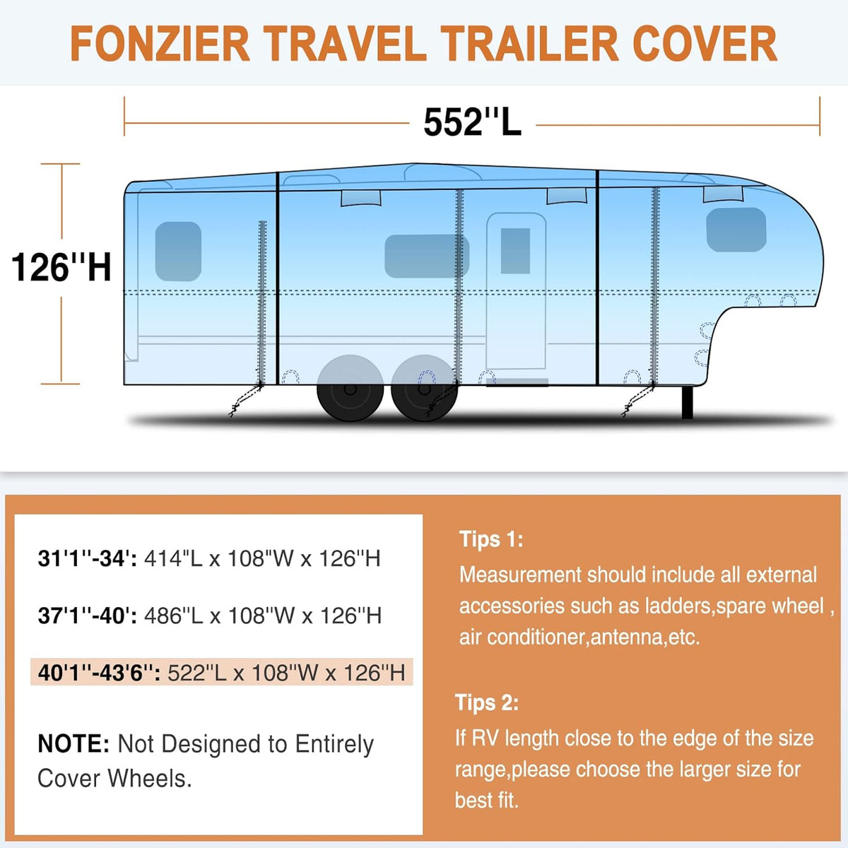 5 Layers Heavy Duty Fifth Wheel RV Cover 40’1”-43’ K3183