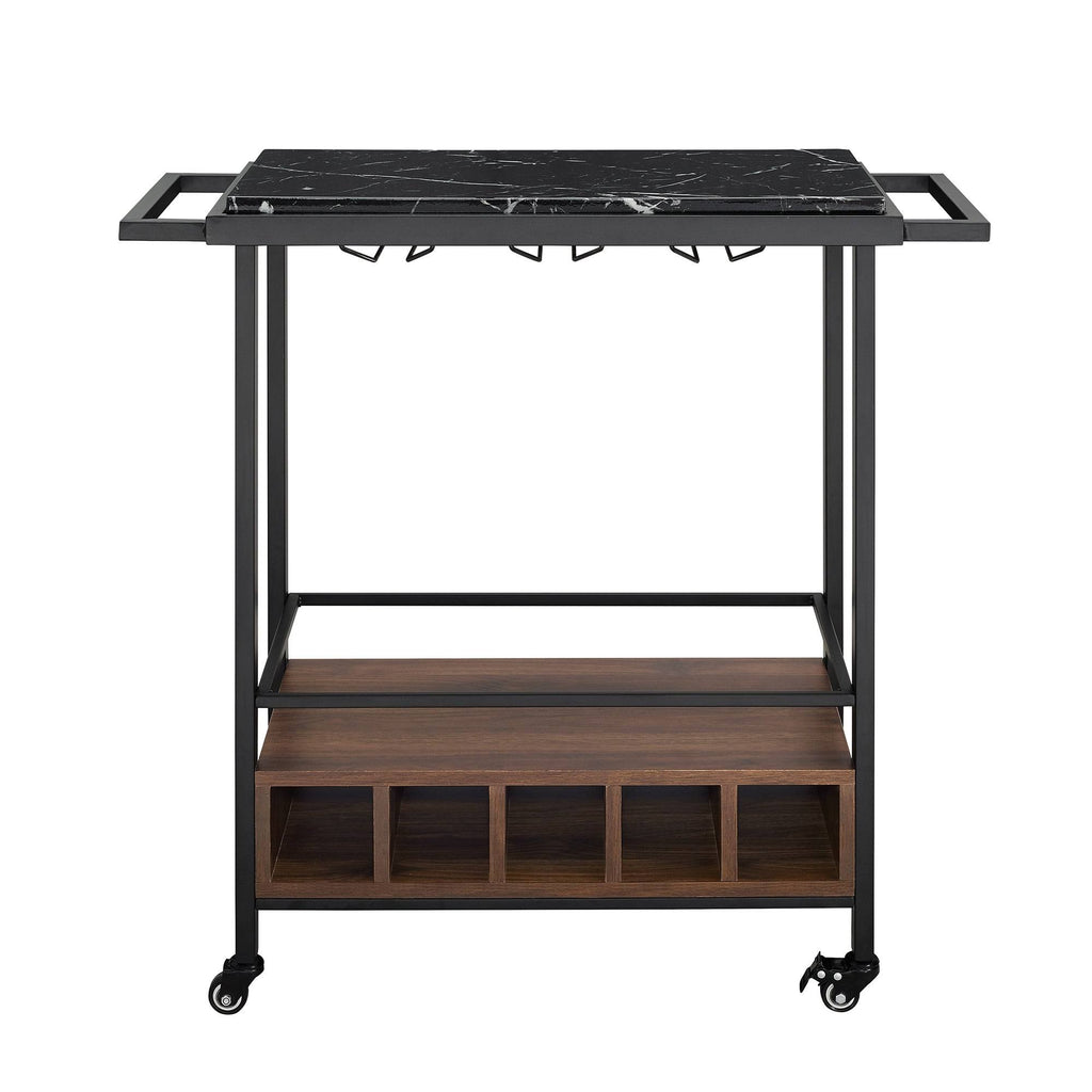Faux Marble Serving Bar Cart with Dark Walnut Base F73447