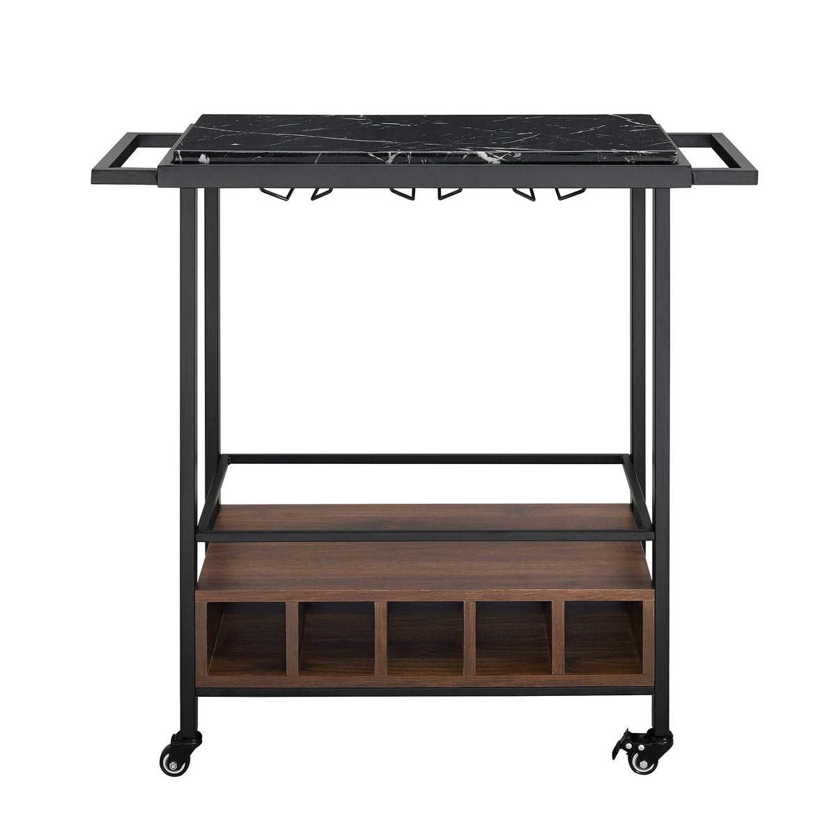 Faux Marble Serving Bar Cart with Dark Walnut Base F73447