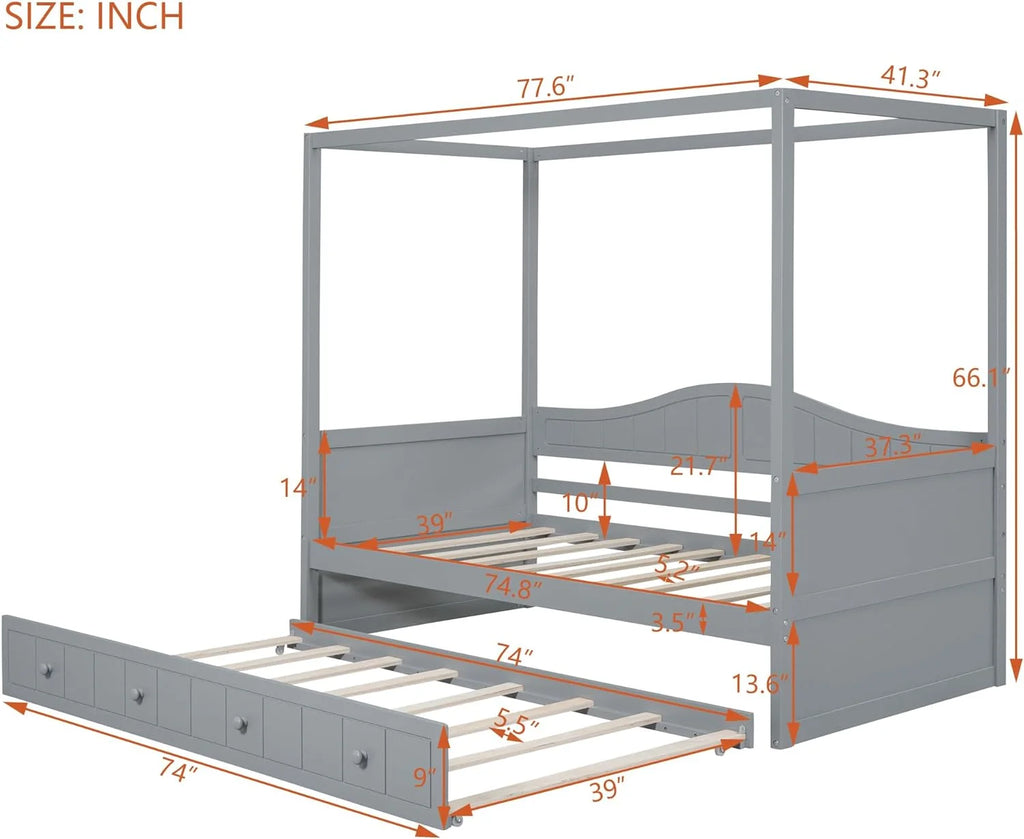 Twin Size Four-Poster Wood Canopy Bed with Trundle L365