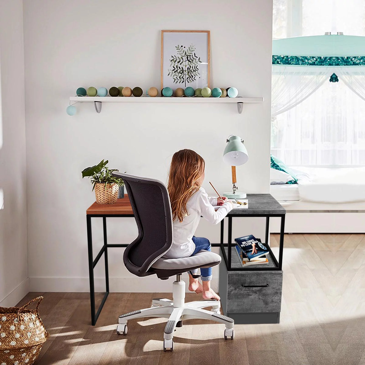 47" Home Office Desk with File Drawers Storage Shelves M6265