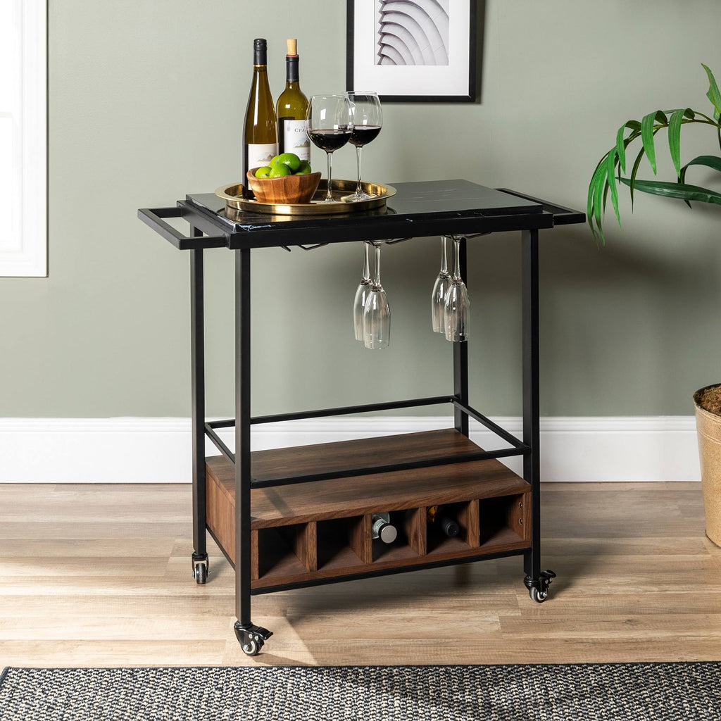 Faux Marble Serving Bar Cart with Dark Walnut Base F73447