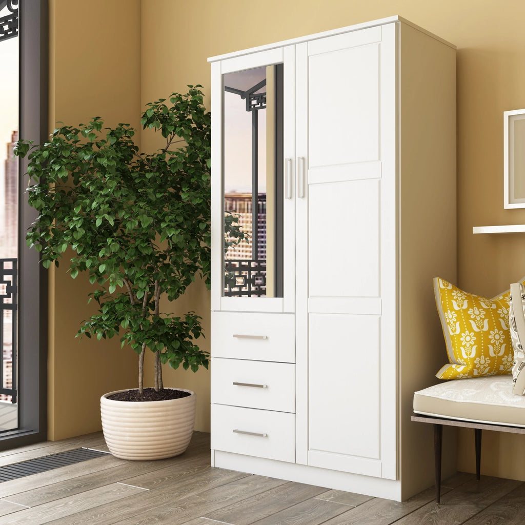 100% Solid Wood Wardrobe Armoire with Mirrored Doors White Q11907