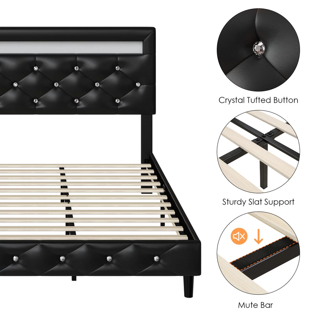 Queen Size Black Upholstered Platform Bed Frame with Adjustable Headboard K9914