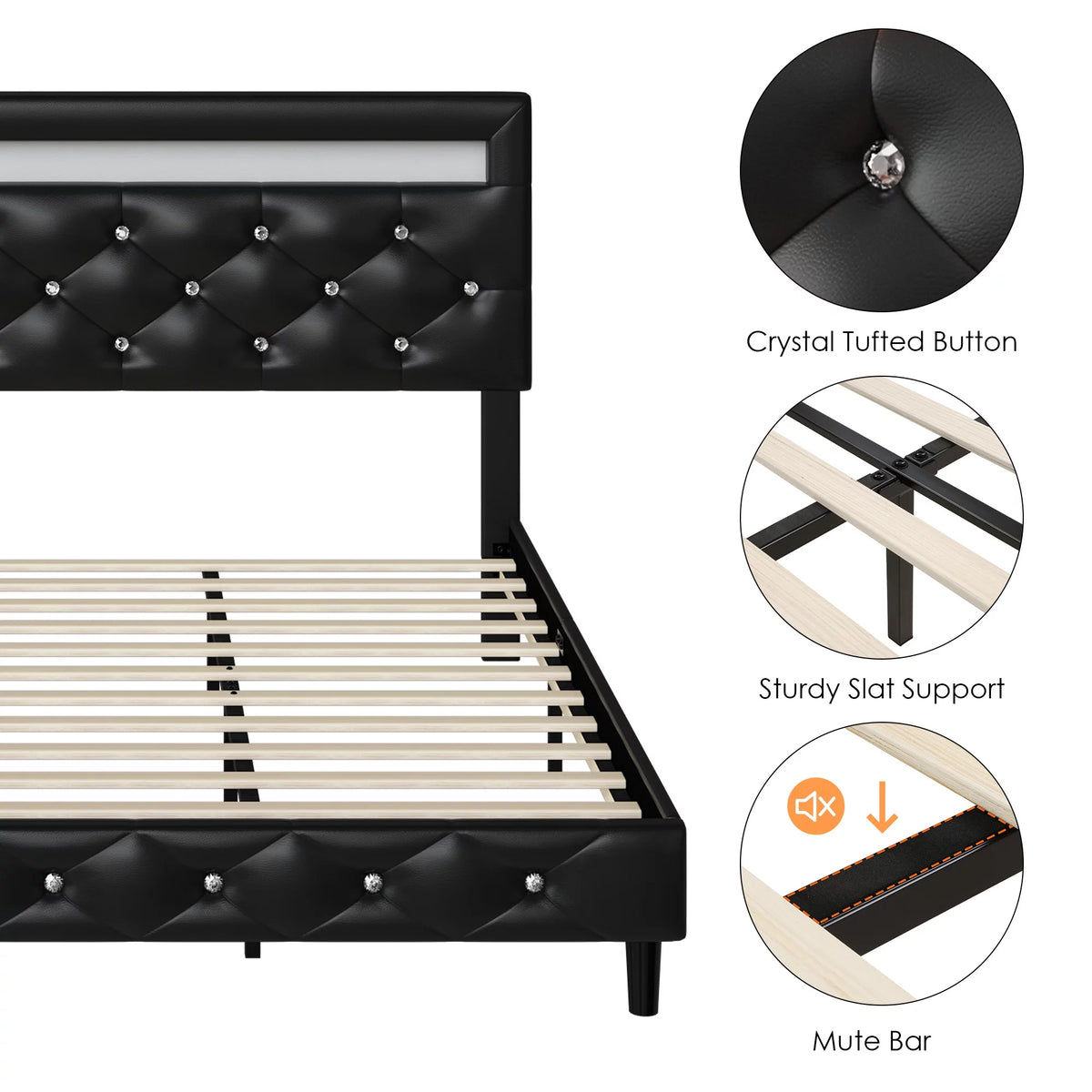 Queen Size Black Upholstered Platform Bed Frame with Adjustable Headboard K9914