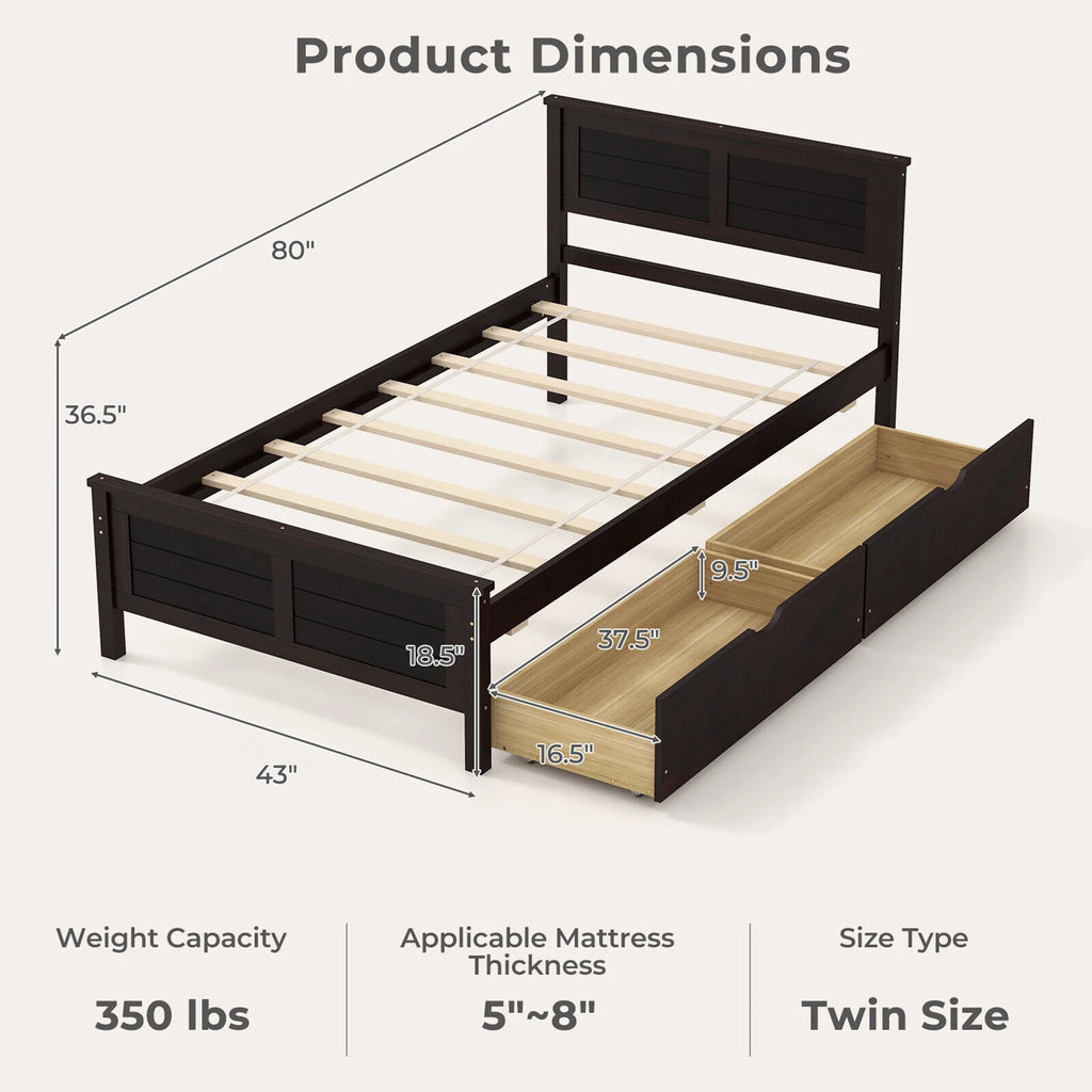 Twin Size Wooden Bed Frame with 2 Storage Drawers H905198