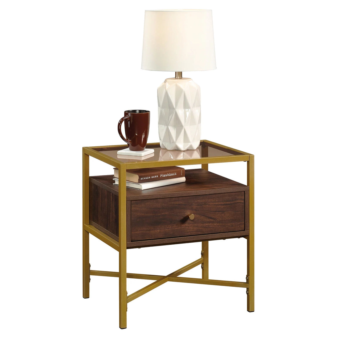 1 Drawer Glass Top Gold Metal Rectangular End Table Z91379