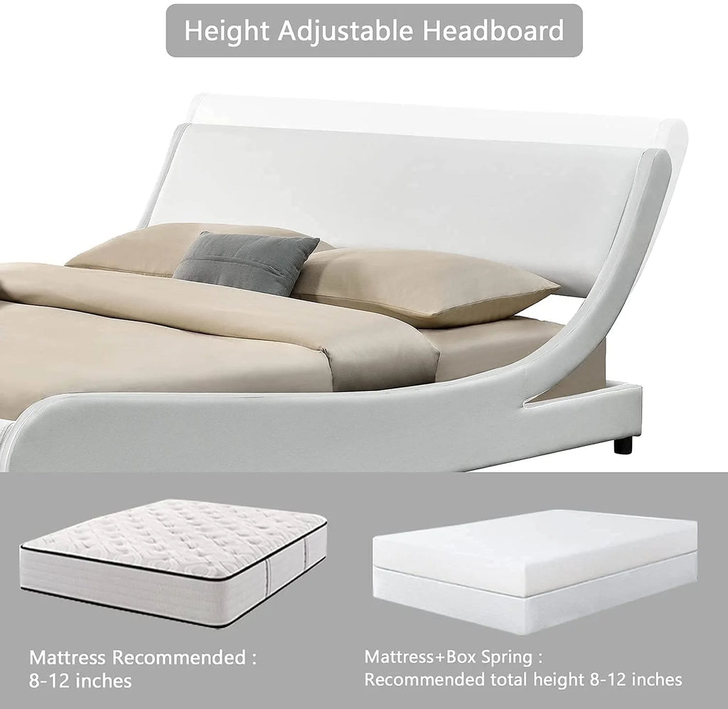 Glossy Black Full Size Platform Bed Frame with Leather Curved Adjustable Headboard O2678