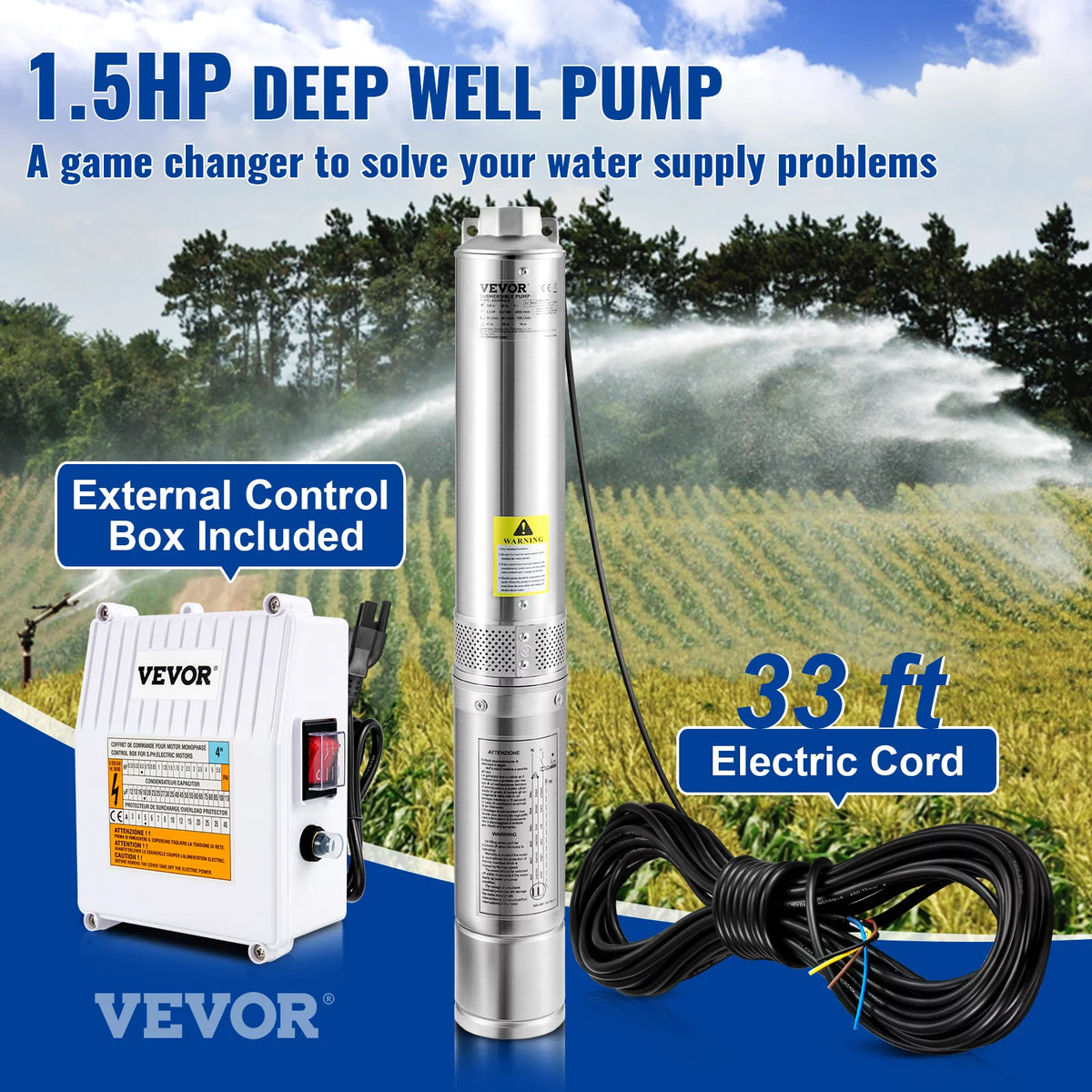 1.5HP 115V 37GPM 276ft Head 4 inch Stainless Steel Deep Well Submersible Pump M983