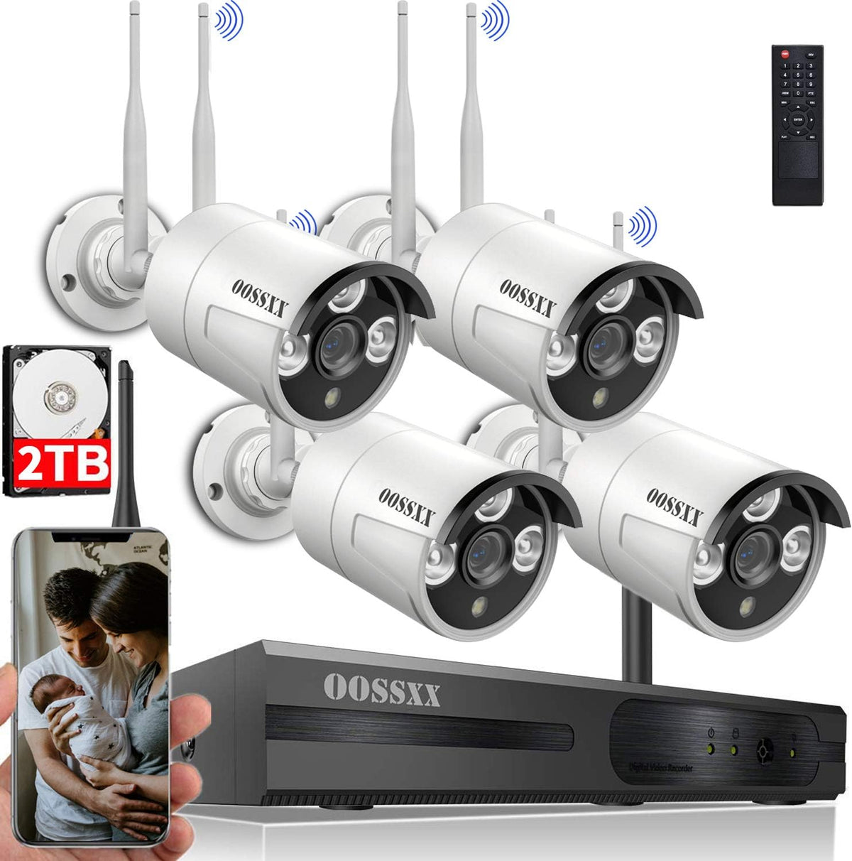 2K Wireless Security Camera System with 2TB Hard Drive, 4Pcs Outdoor Cameras, Audio, Night Vision S754973