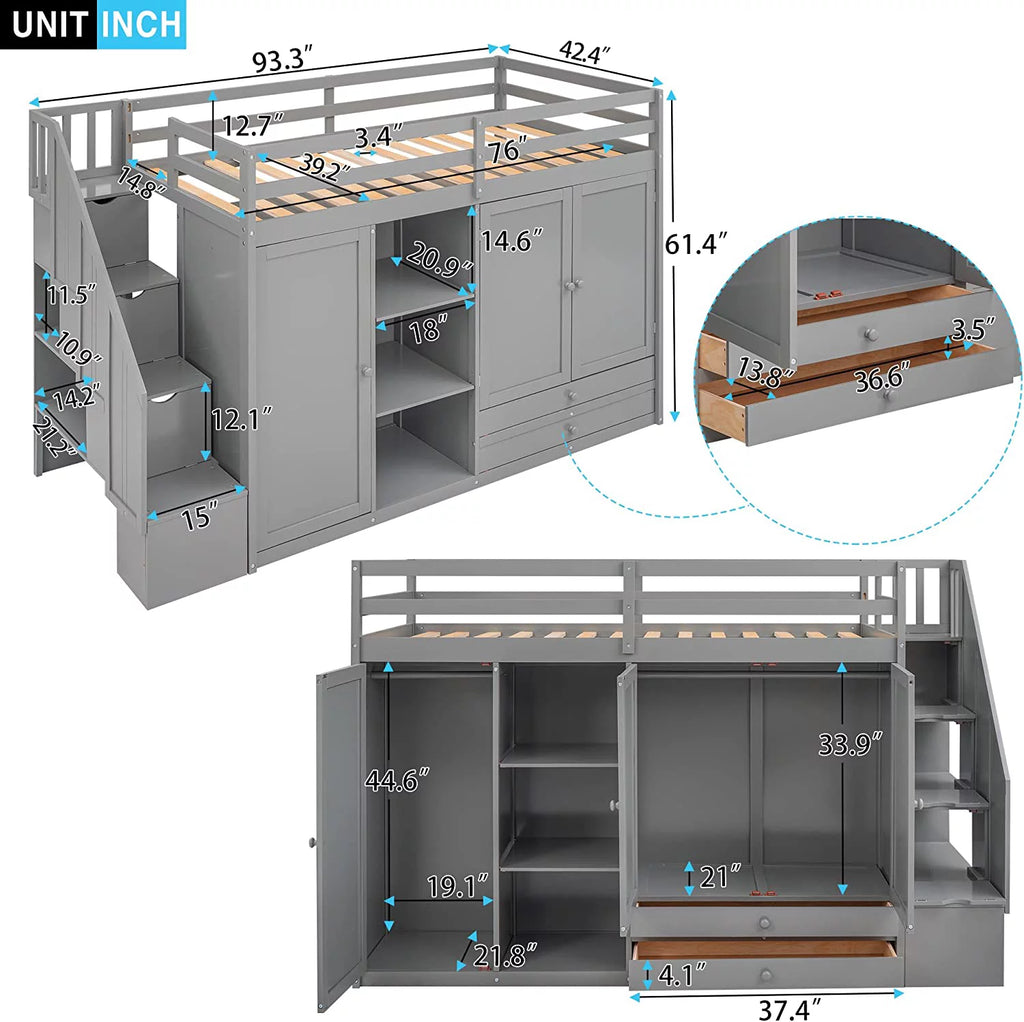 Solid Wood Loft Bed with Stairs, 2 Wardrobes, 3 Shelves and 2 Drawers, Gray D53047