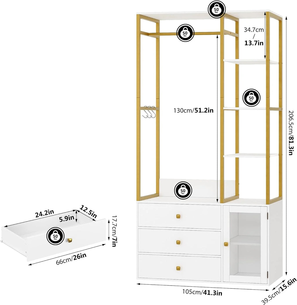 81.2" White Freestanding Closet Organizer with 3 Drawers and Shelves C814453