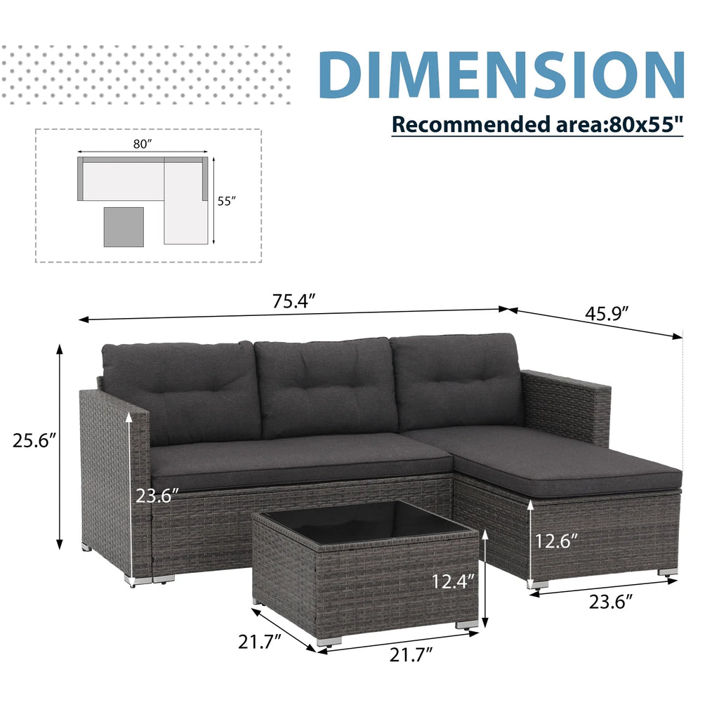 3 Pieces PE Wicker Rattan Patio Conversation Set with Cushions and Tempered Glass Coffee Table O616