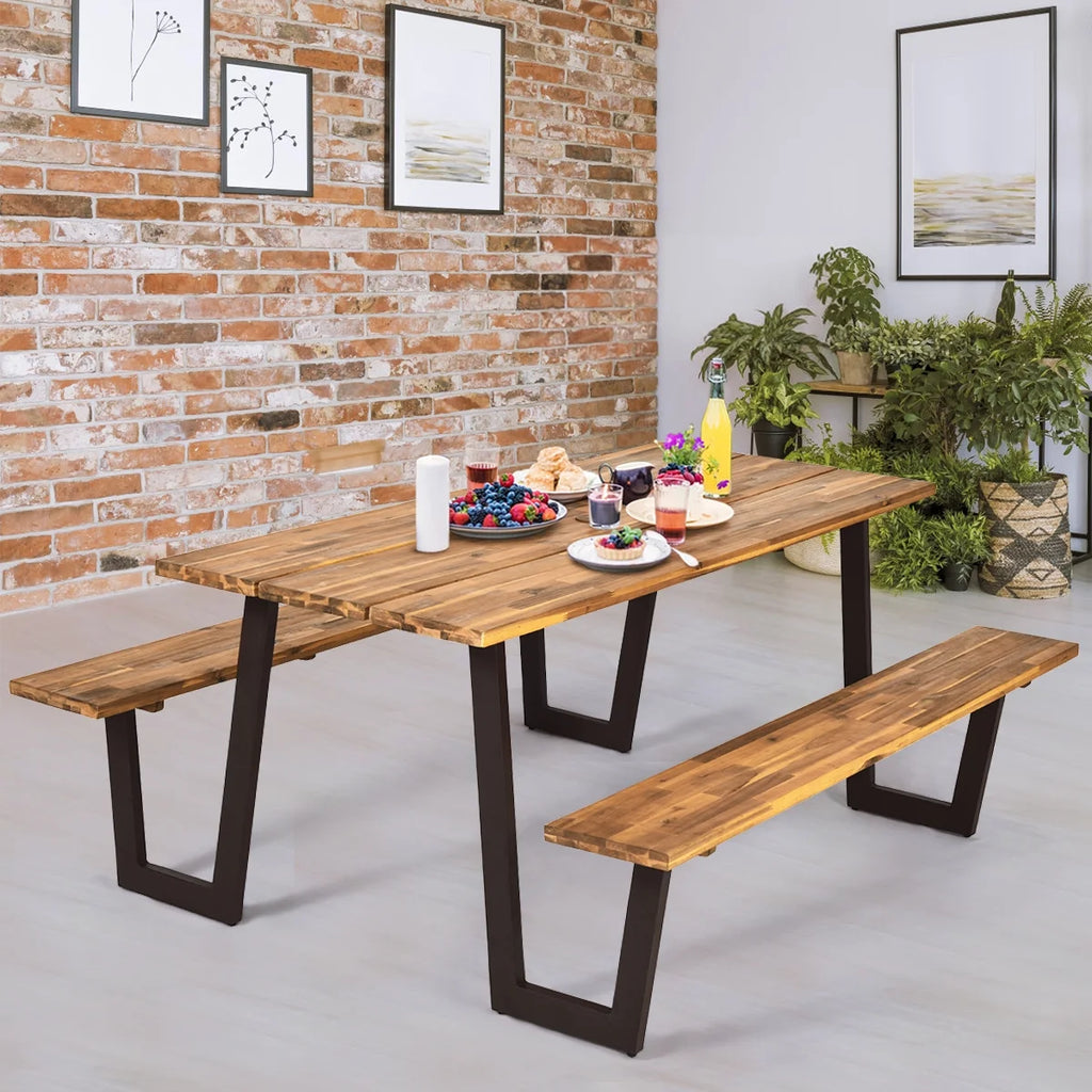 Patented Picnic Table with 2 Benches 70'' Dining Table Set with Seats and Umbrella Hole Q1715