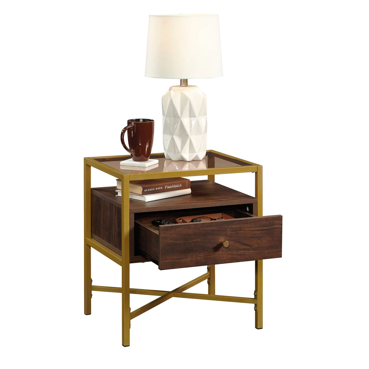 1 Drawer Glass Top Gold Metal Rectangular End Table Z91379