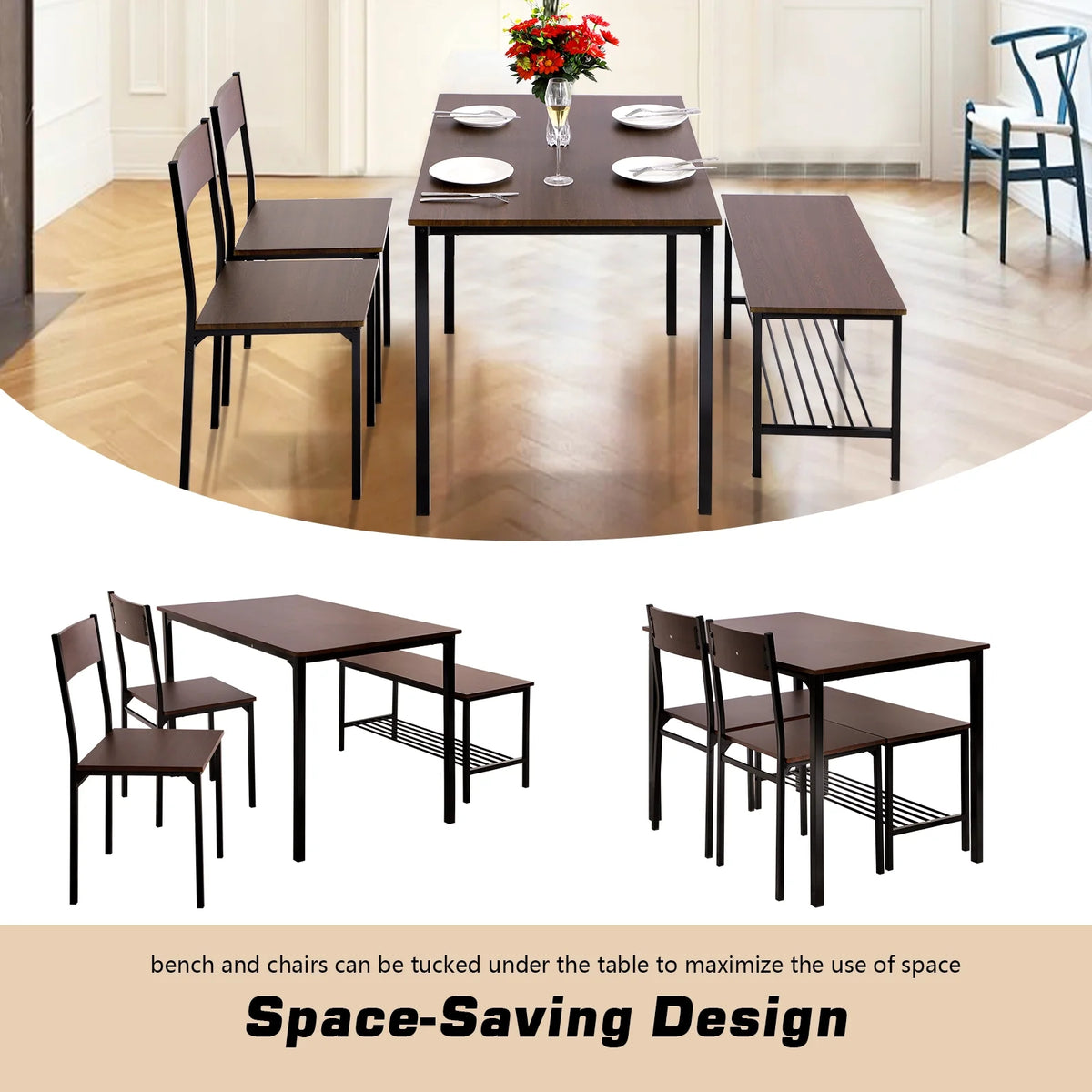 Dining Table Set for 4 with Storage Bench B627