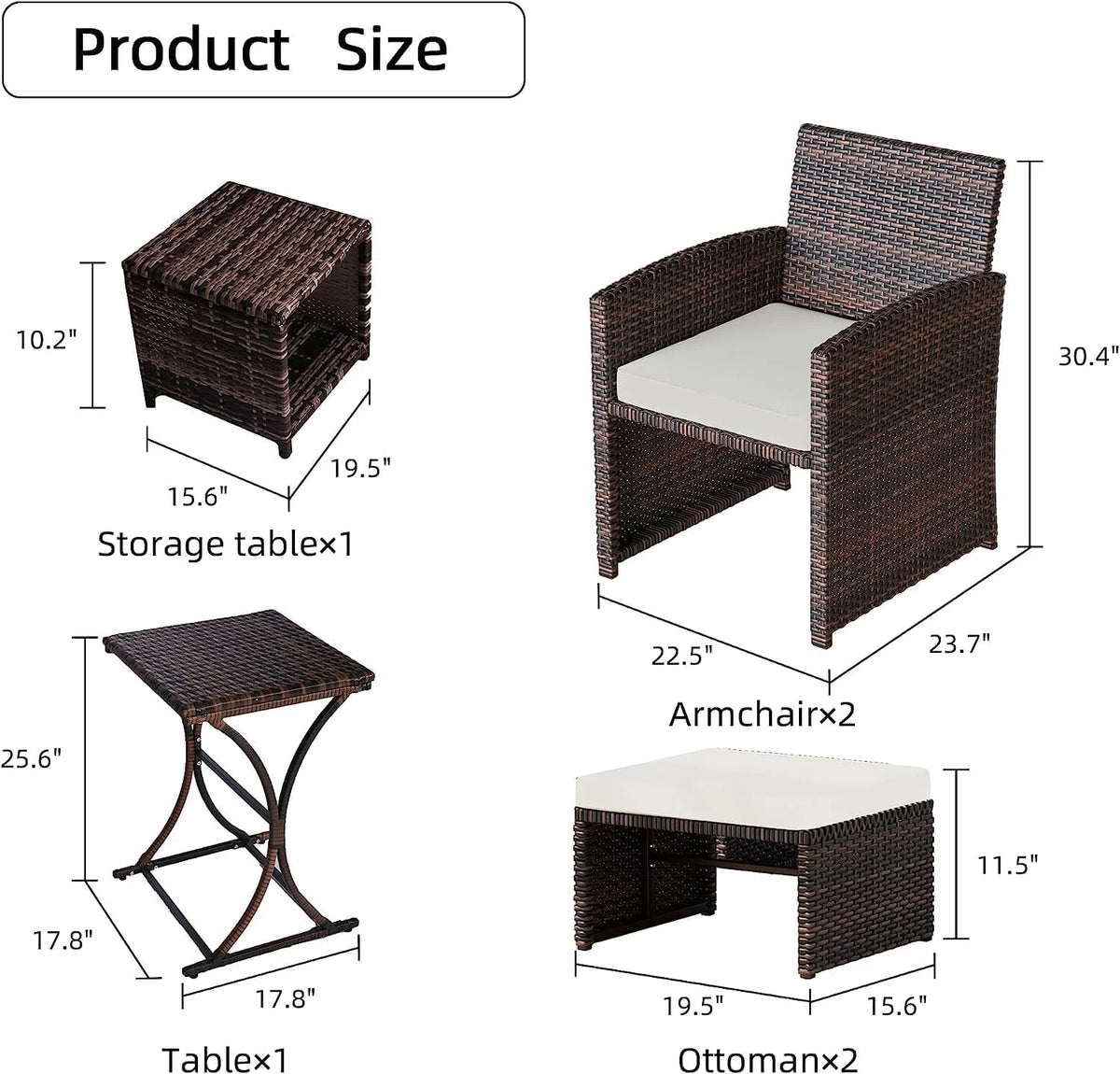 Brown Wicker 6 Piece Patio Furniture Set with Ottoman and Beige Cushion K308