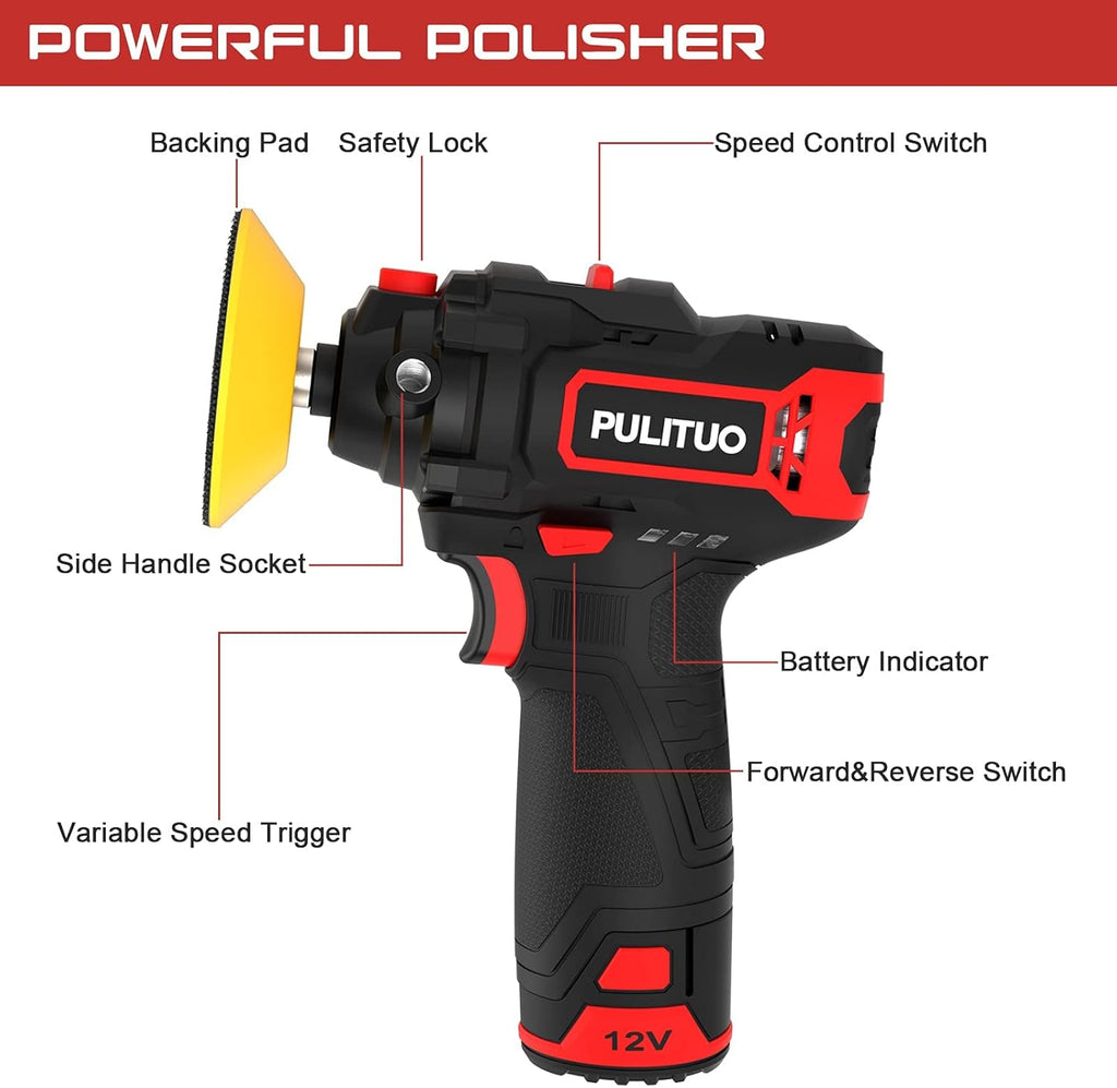 Cordless Buffer Polisher, 3 Inch, 2600-7800 RPM, 12V 2.0Ah Battery, 8 Polishing Pads G81326