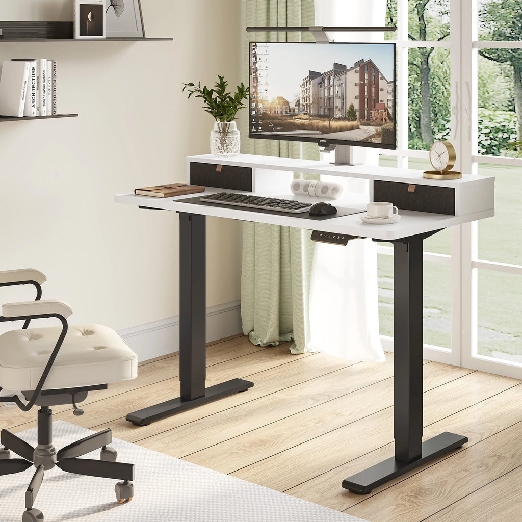 48"x24" Height Adjustable Standing Desk with 2 Drawers Black Frame White Top H2653