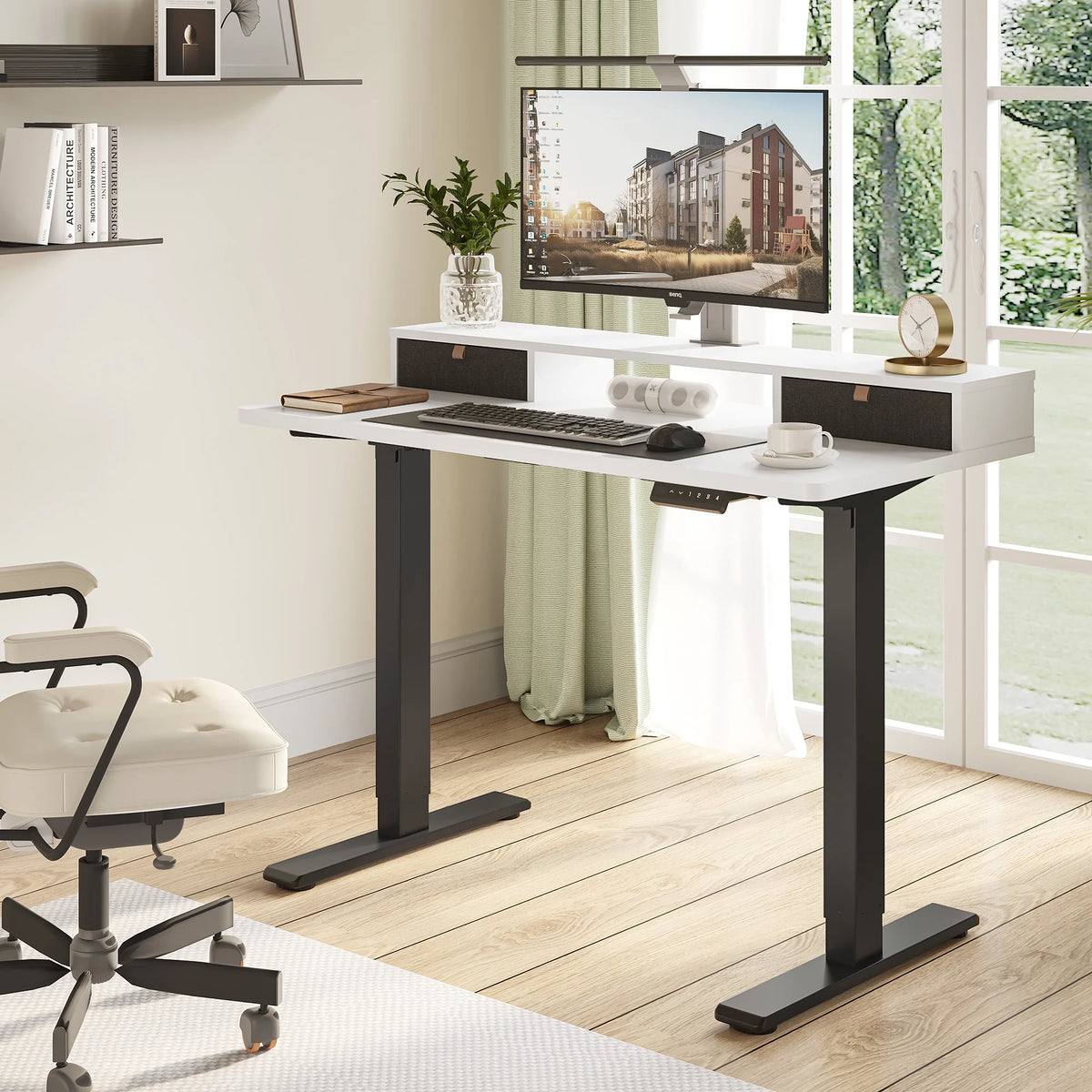 48"x24" Height Adjustable Standing Desk with 2 Drawers Black Frame White Top H2653