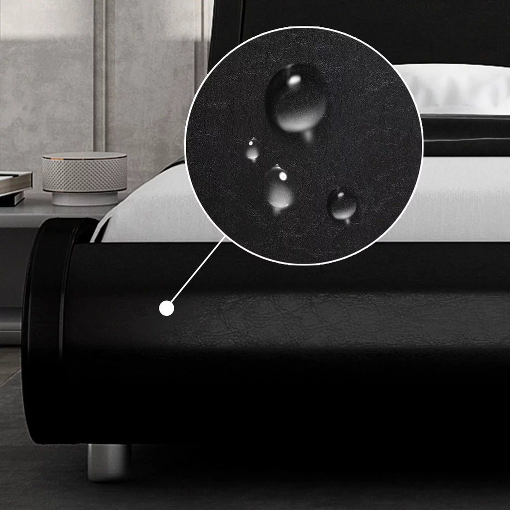 Glossy Black Full Size Platform Bed Frame with Leather Curved Adjustable Headboard O2678