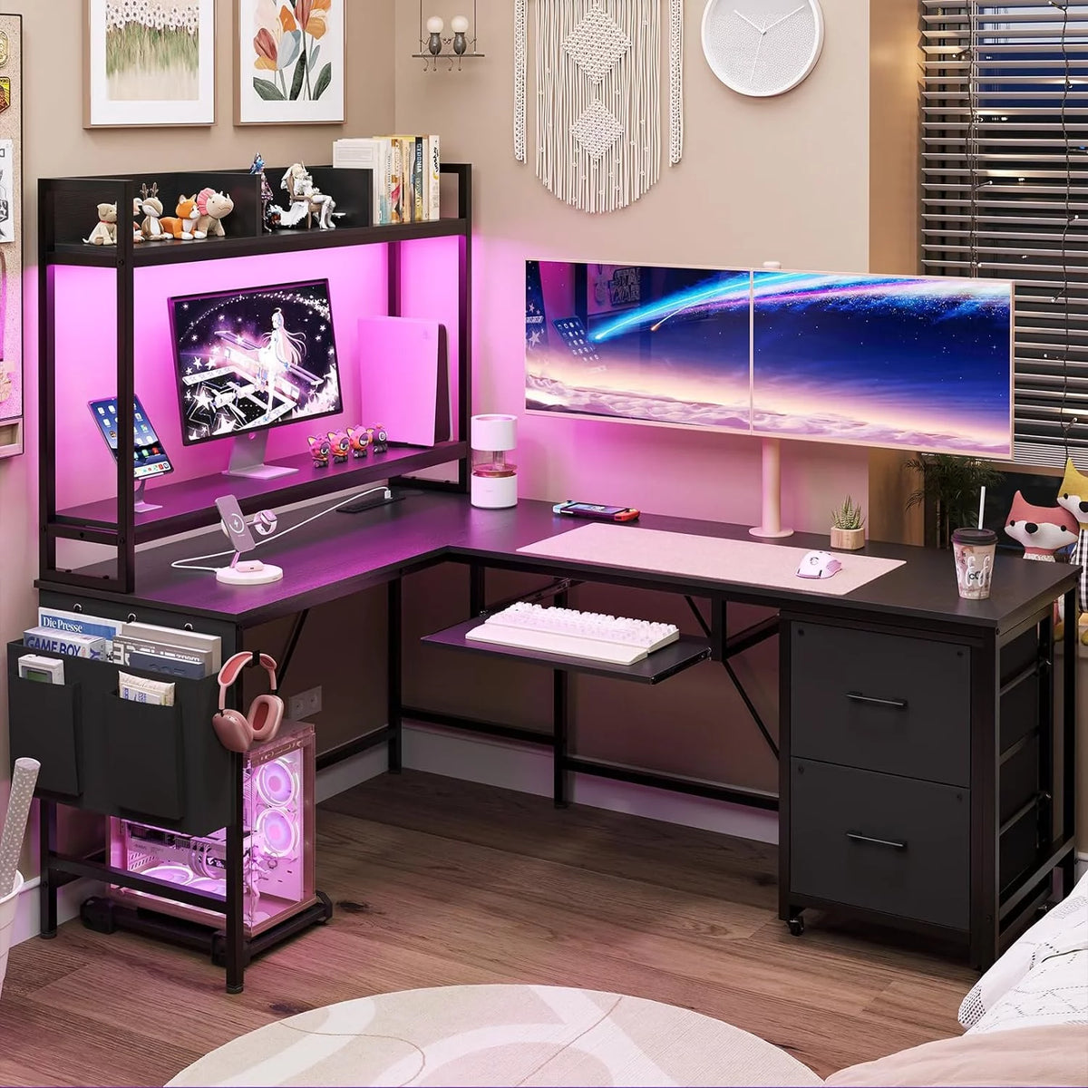 L Shaped Desk with Storage Shelves, File Drawer, Power Outlet, LED Light, Black L89707