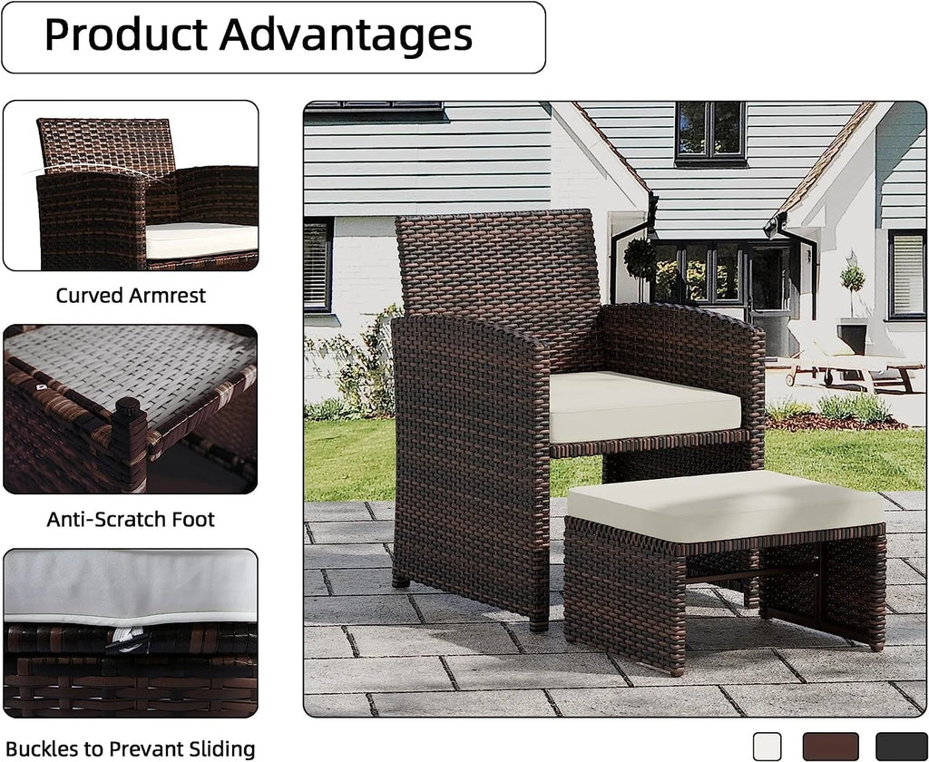Brown Wicker 6 Piece Patio Furniture Set with Ottoman and Beige Cushion K308