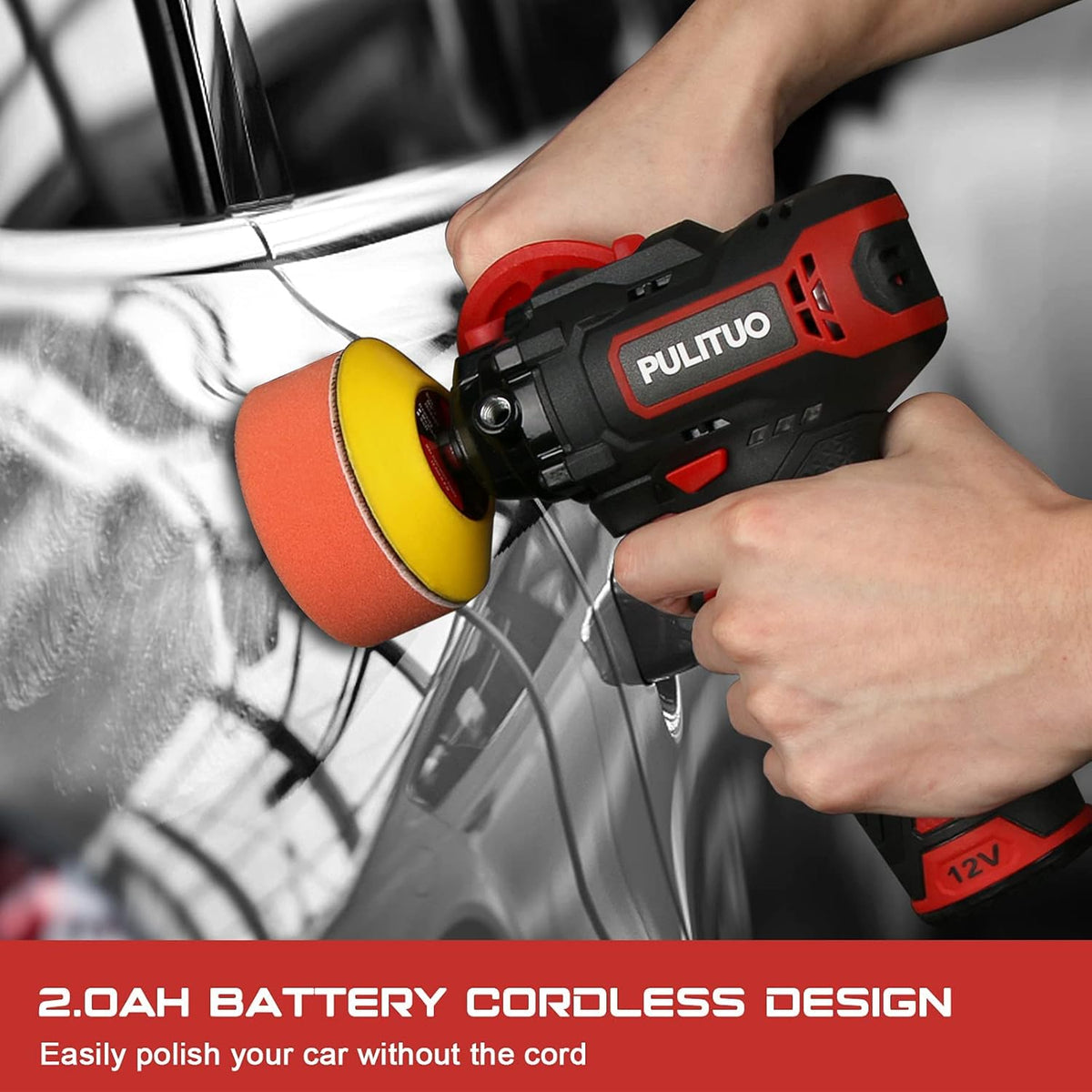 Cordless Buffer Polisher, 3 Inch, 2600-7800 RPM, 12V 2.0Ah Battery, 8 Polishing Pads G81326