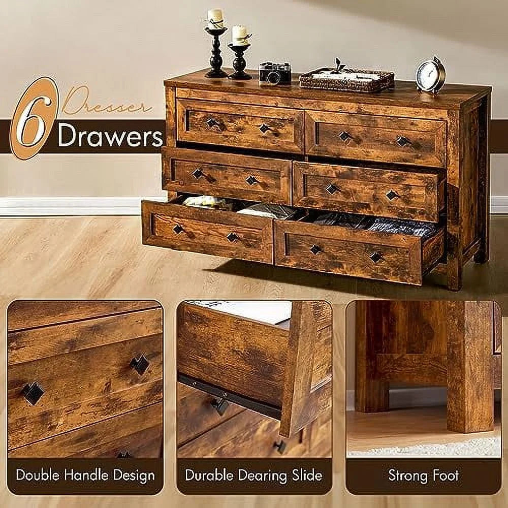 6 Drawer Wood Dresser with Vintage Grain Texture E39704