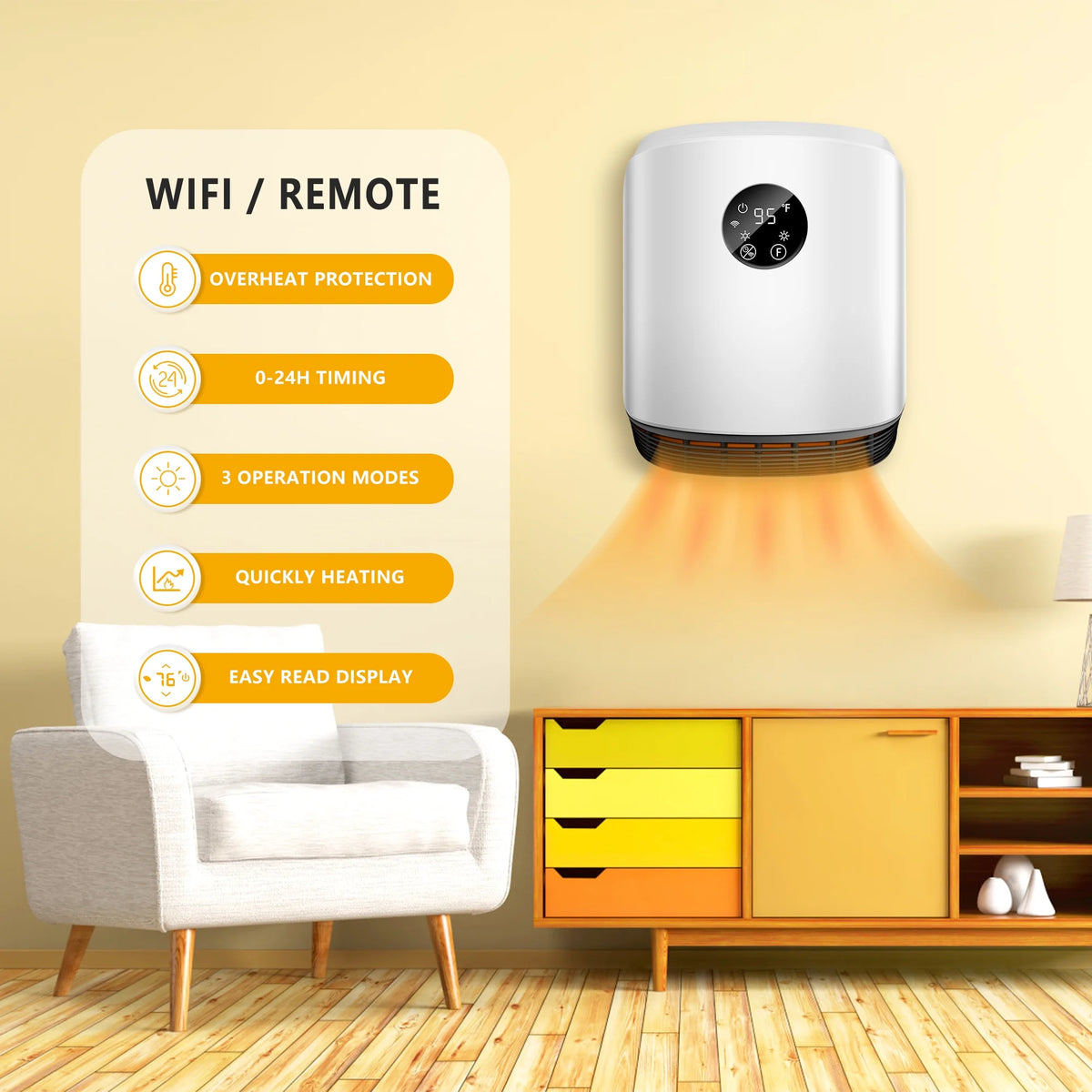 1500W Portable Wall Mounted Space Heater with Adjustable Thermostat E579